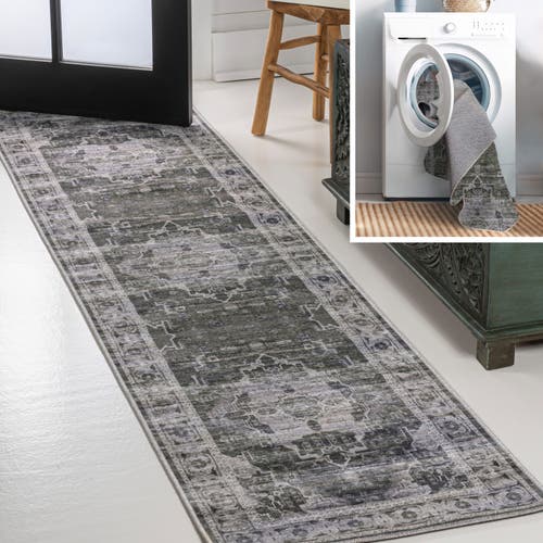 Jonathan Y Alanya Ornate Medallion Machine-washable Area Rug In Dark Green/gray
