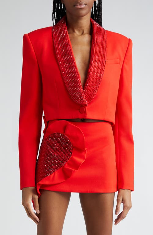 Crystal Embellished Cutout Crop Stretch Wool Tuxedo Jacket in Scarlet