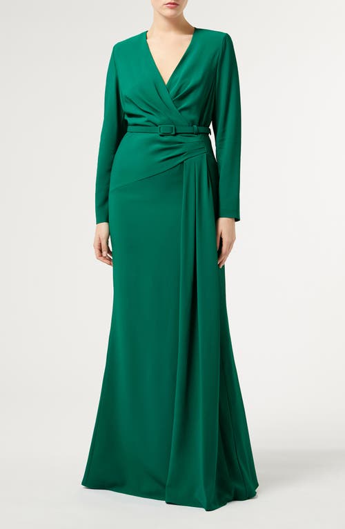 Shop Marina Rinaldi Bonbon Belted Long Sleeve Gown In Green