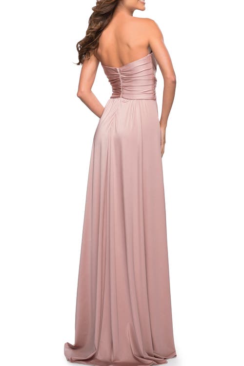 Shop La Femme Simple Strapless Jersey Dress With High Slit In Mauve