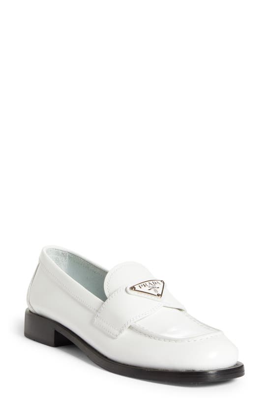 Prada Calfskin Logo Flat Loafers In White | ModeSens