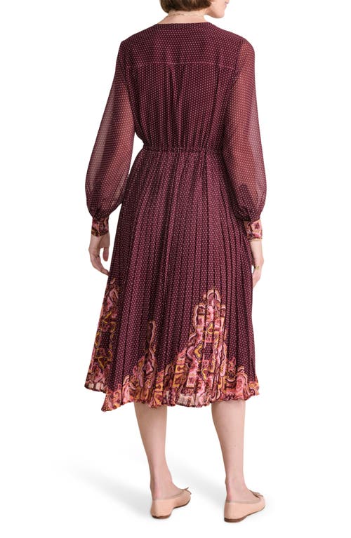 Shop Vineyard Vines Mixed Print Long Sleeve Pleated Georgette Midi Dress In Paisley Medium Crimson