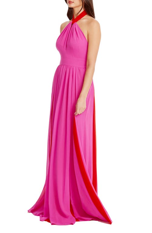 Shop Dress The Population Meg Two-tone Halter Gown In Bright Fuchsia-poppy