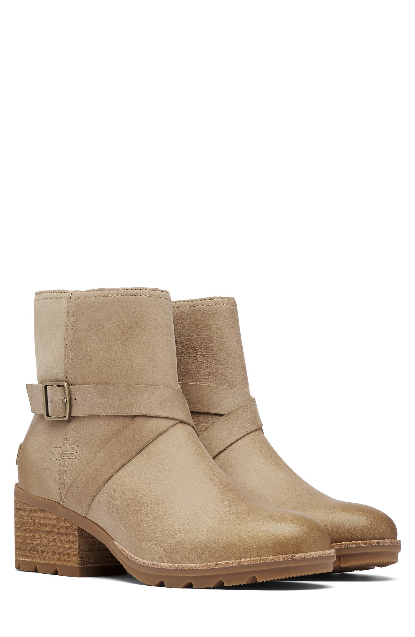 Sorel Cate Leather Buckle Bootie In Sandy Tan | ModeSens