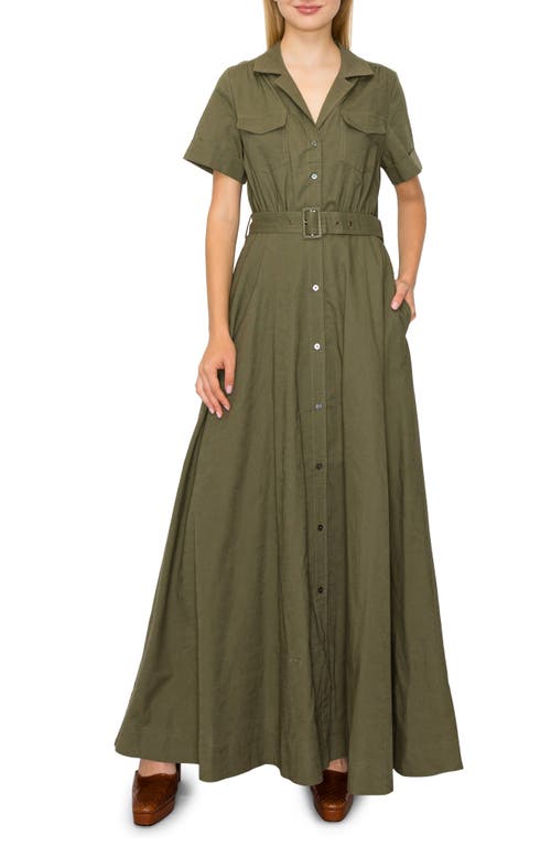 Belted Linen Blend Maxi Shirtdress in Olive