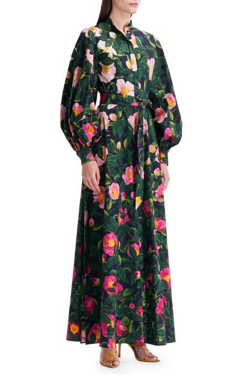Shop Oscar De La Renta Camellia Print Belted Long Sleeve Shirtdress In Green/pink/navy