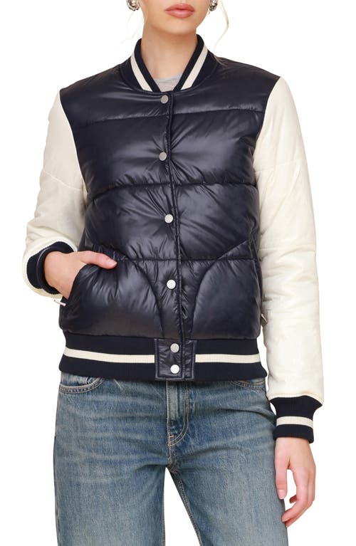 Shop Avec Les Filles Quilted Water Resistant Varsity Bomber Jacket In Navy-ivory