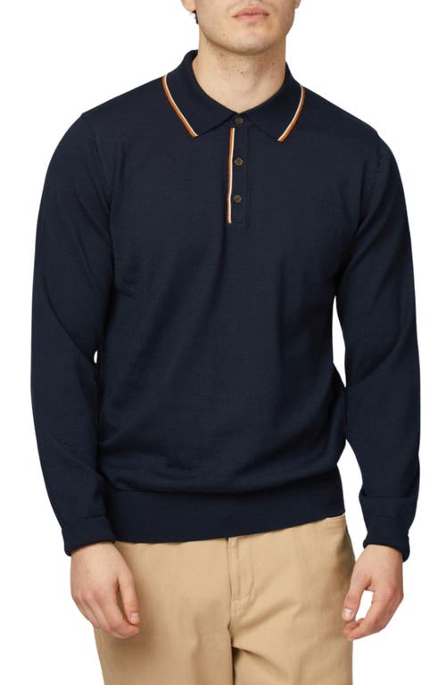 Ben Sherman Tipped Long Sleeve Polo Sweater In Dark Navy