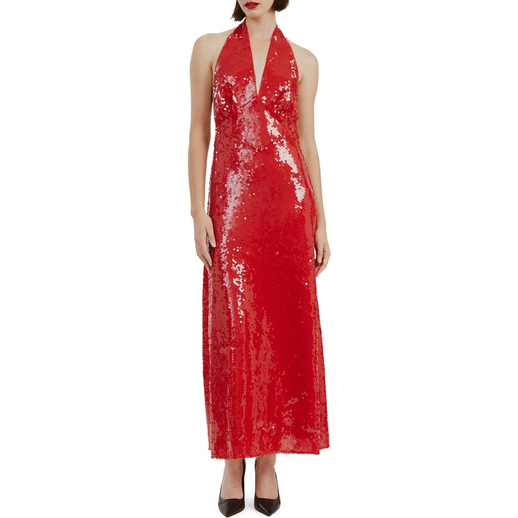 Bardot Freja Sequin Open Back Halter Maxi Dress In Deep Red