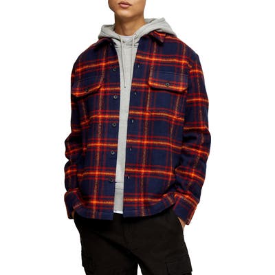 Topman Plaid Button-Up Flannel Shirt Jacket, Blue