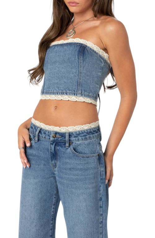 Shop Edikted Karlie Lace Trim Denim Tube Top In Blue