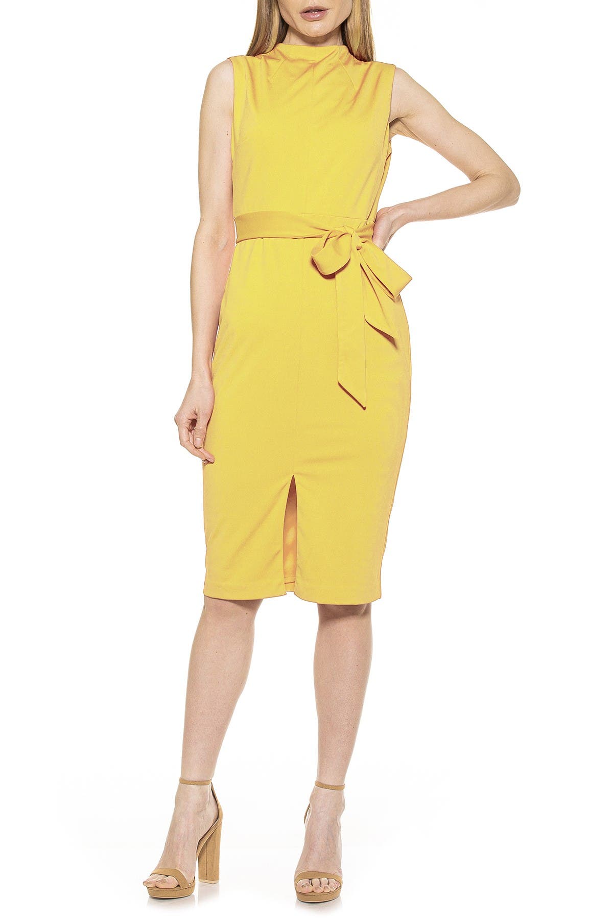Alexia Admor Mock Neck Belted Sheath Dress In Yellow