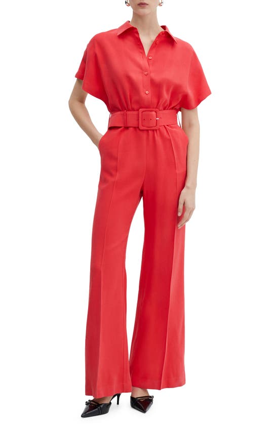 Shop Mango Belted Flare Leg Jumpsuit In Coral Red