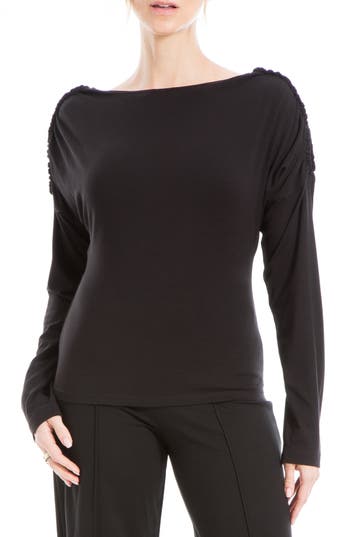 Max Studio Ruched Shoulder Long Sleeve Top In Black