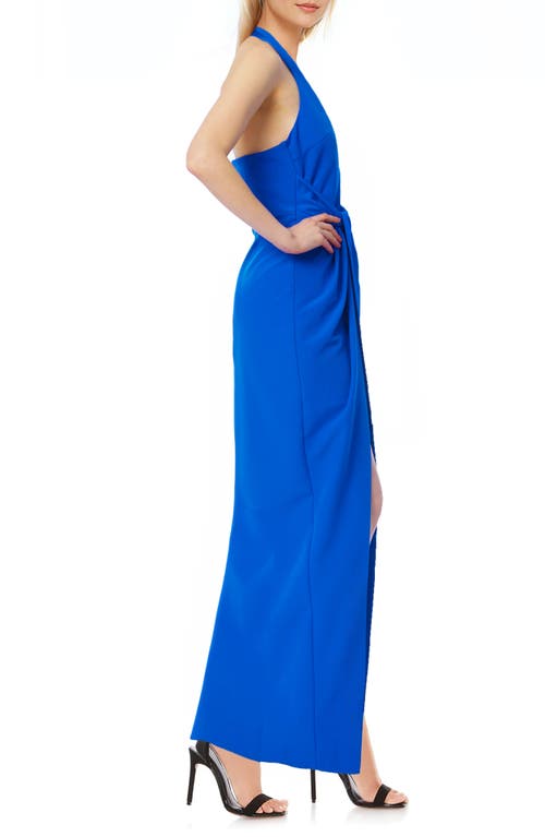 Shop Jewel Badgley Mischka Front Slit Halter Gown In Cobalt