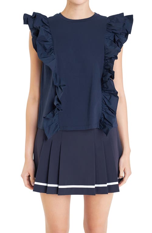 English Factory Poplin Ruffle Trim Knit Top In Navy