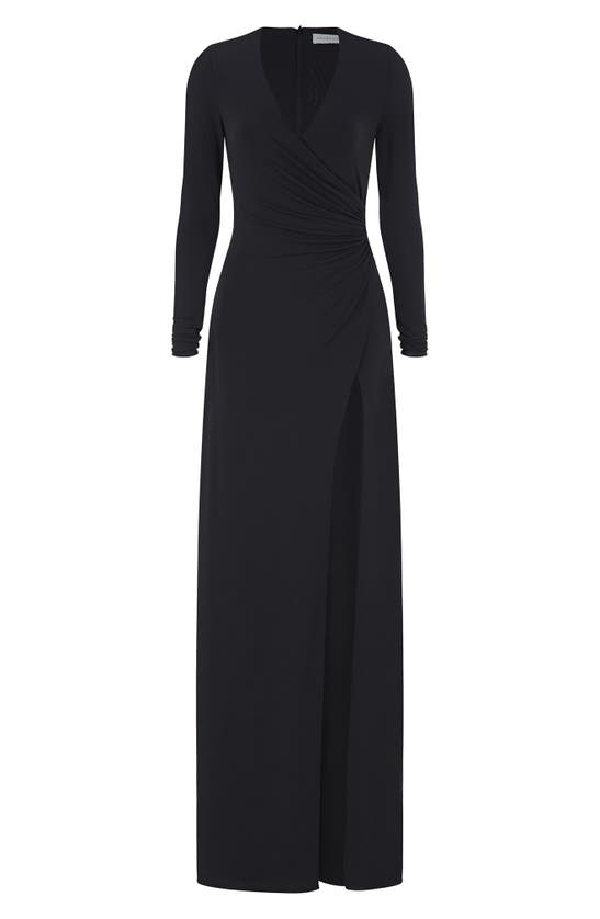 Shop Halston Evening Sydney Ruched Long Sleeve Jersey Gown In Black