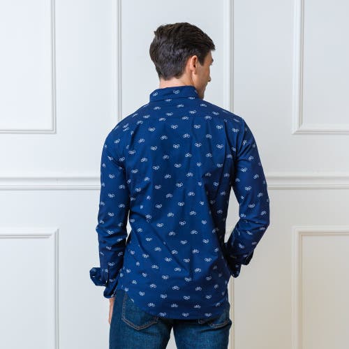 Hope & Henry Organic Stretch Poplin Shirt In Navy Bicycle Print