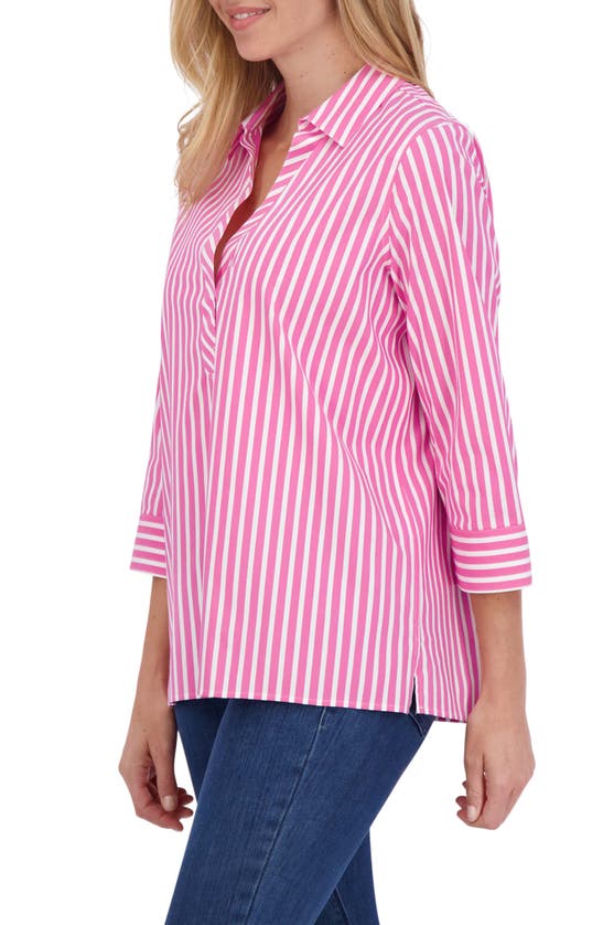 Shop Foxcroft Sophia Stripe Three-quarter Sleeve Stretch Tunic In Azalea