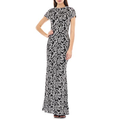 Carmen Marc Valvo Infusion Embellished Mesh Trumpet Gown, Black