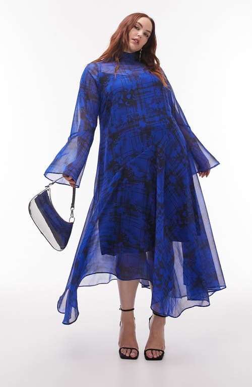 Topshop Curve Long Sleeve Asymmetric Midi Dress in Medium Blue