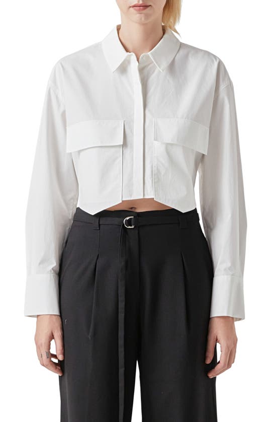 Shop Grey Lab Long Sleeve Crop Button-up Shirt In White