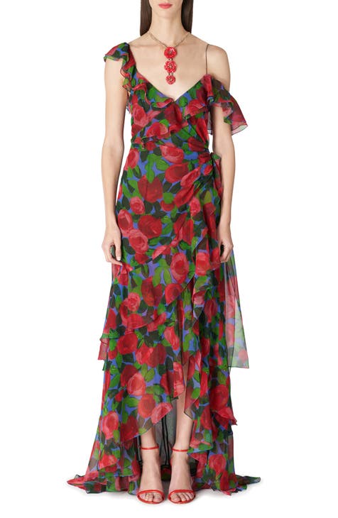 Rose Print Ruffle One Shoulder Silk Gown