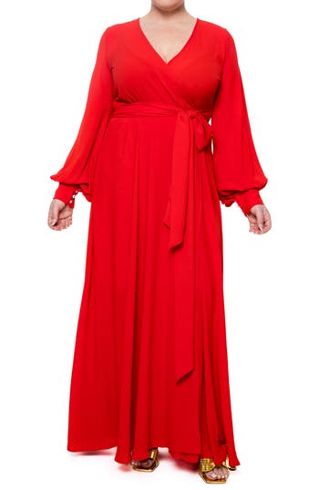 Meghan La Long Sleeve Solid Wrap Maxi Dress In Cherry