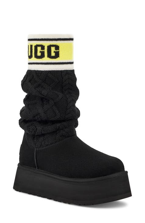 Ugg Women's Classic Maxi Wavelength Short Textile Classic Boots in Black/White, Size 10