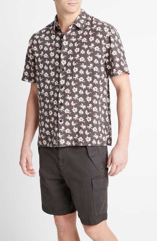 Shop Vince Abstract Daisies Short Sleeve Linen Blend Button-up Shirt In Soft Black/ Sea Salt