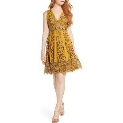 Foxiedox Embroidered Lace Fit & Flare Dress, Yellow
