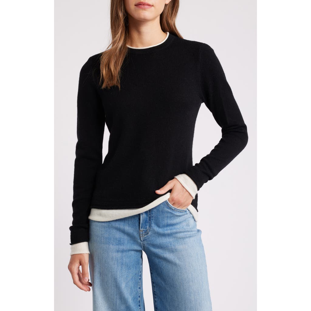 Griffen Contrast Trim Wool & Cashmere Crewneck Sweater in Black/Ivory