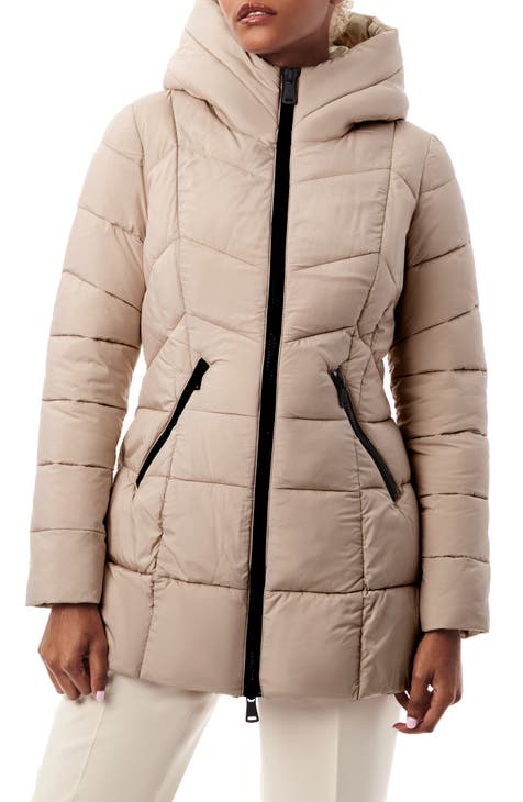 Belted Faux Fur Trim Puffer Jacket Taupe