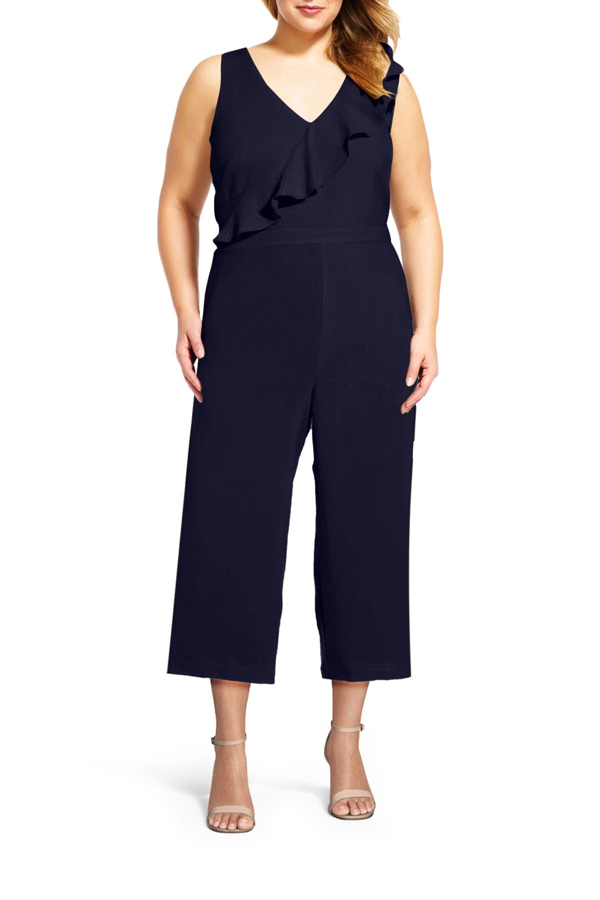 Adrianna Papell Gauzy Crepe Ruffle Jumpsuit In Blue Moon