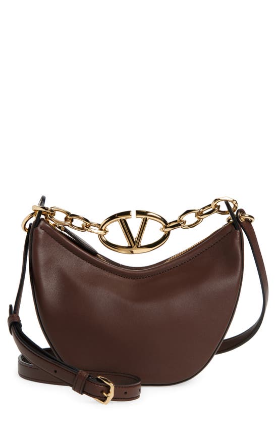 Shop Valentino Mini Vlogo Chain Handle Crescent Hobo Bag In 514 Cacao