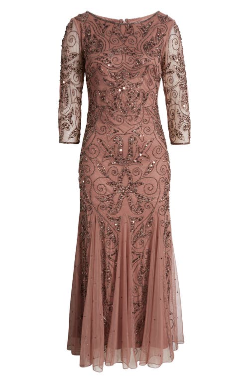 Pisarro Nights Illusion Sleeve Beaded A-line Gown In Mauve