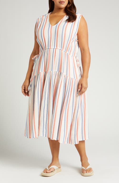 caslon(r) Stripe Cotton Gauze Tiered Dress Pink Beach- Red Napa at Nordstrom,