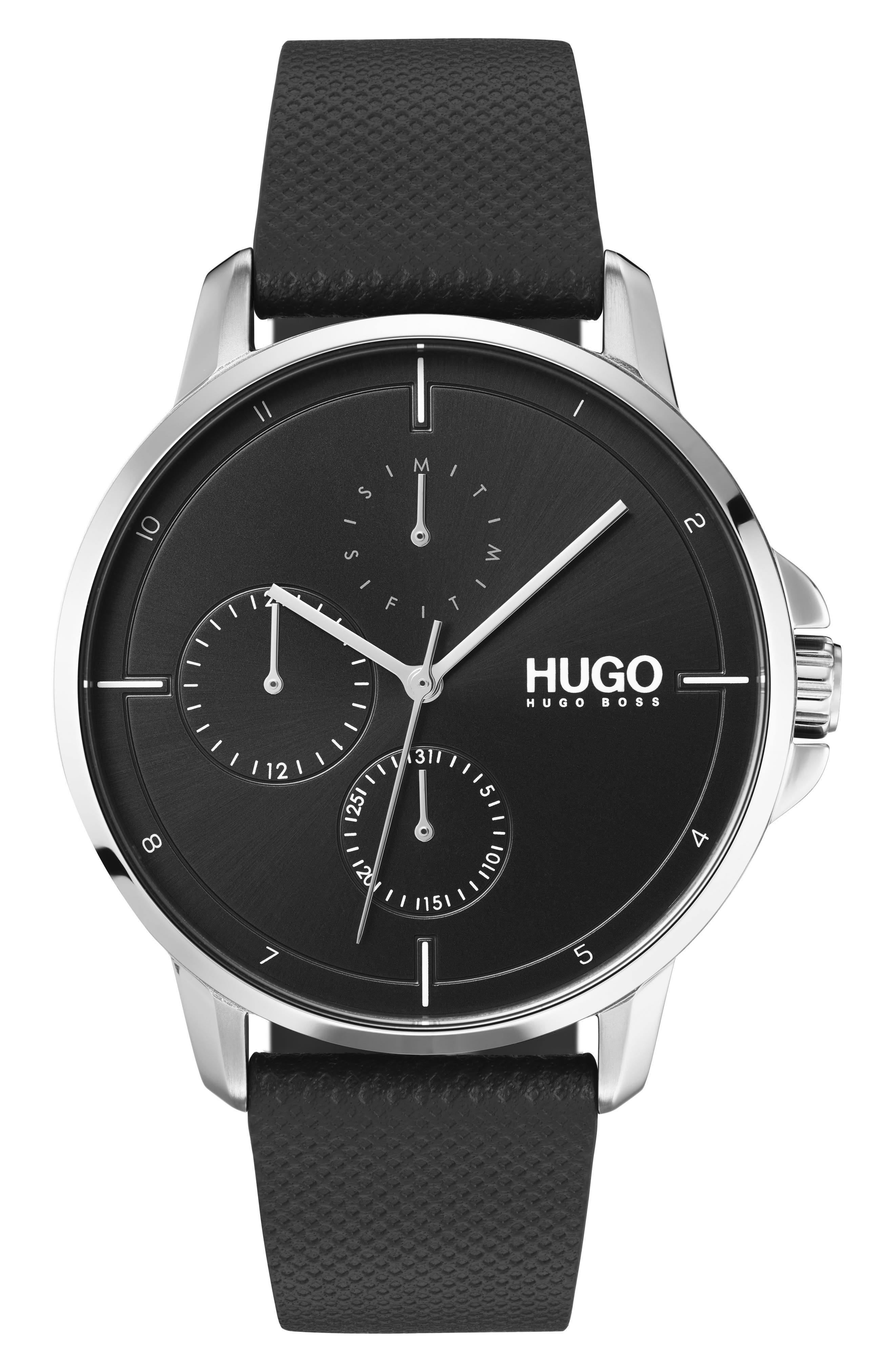 HUGO Leather Strap Watch, 42mm in Black at Nordstrom