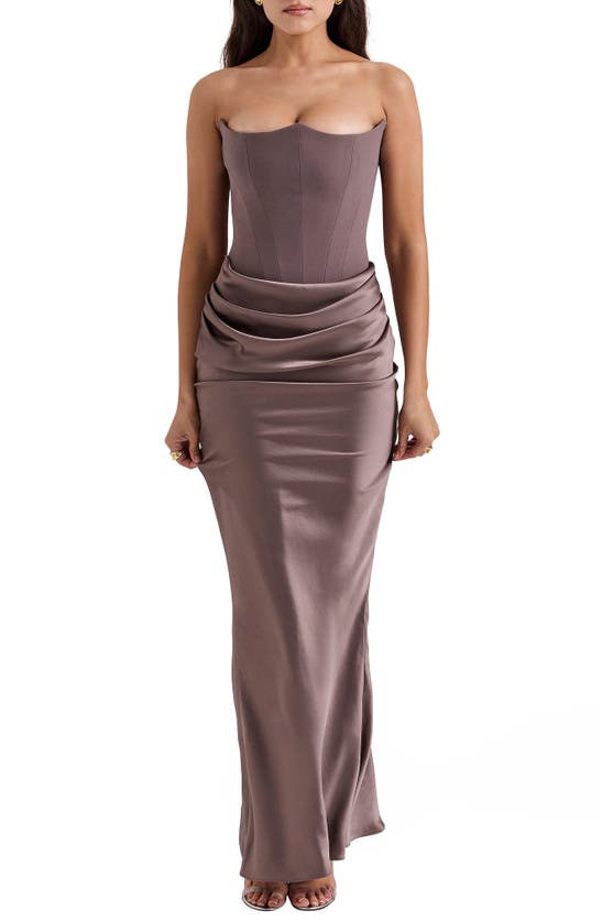 House Of Cb Persephone Strapless Satin Corset Cocktail Dress In Pebble Grey