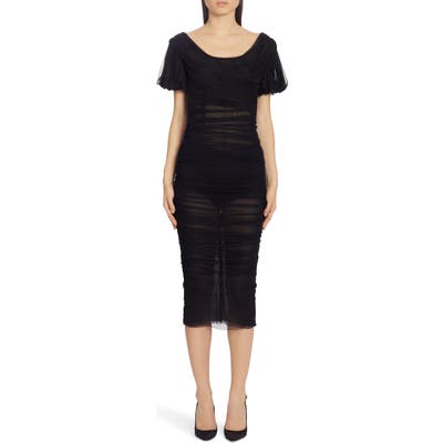 Dolce & gabbana Puff Sleeve Ruched Silk Tulle Midi Dress, US / 42 IT - Black