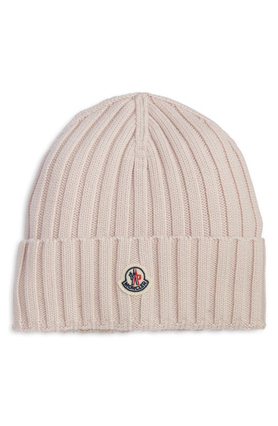 Moncler Light Pink Ribbed Wool Beanie With Logo In Pink