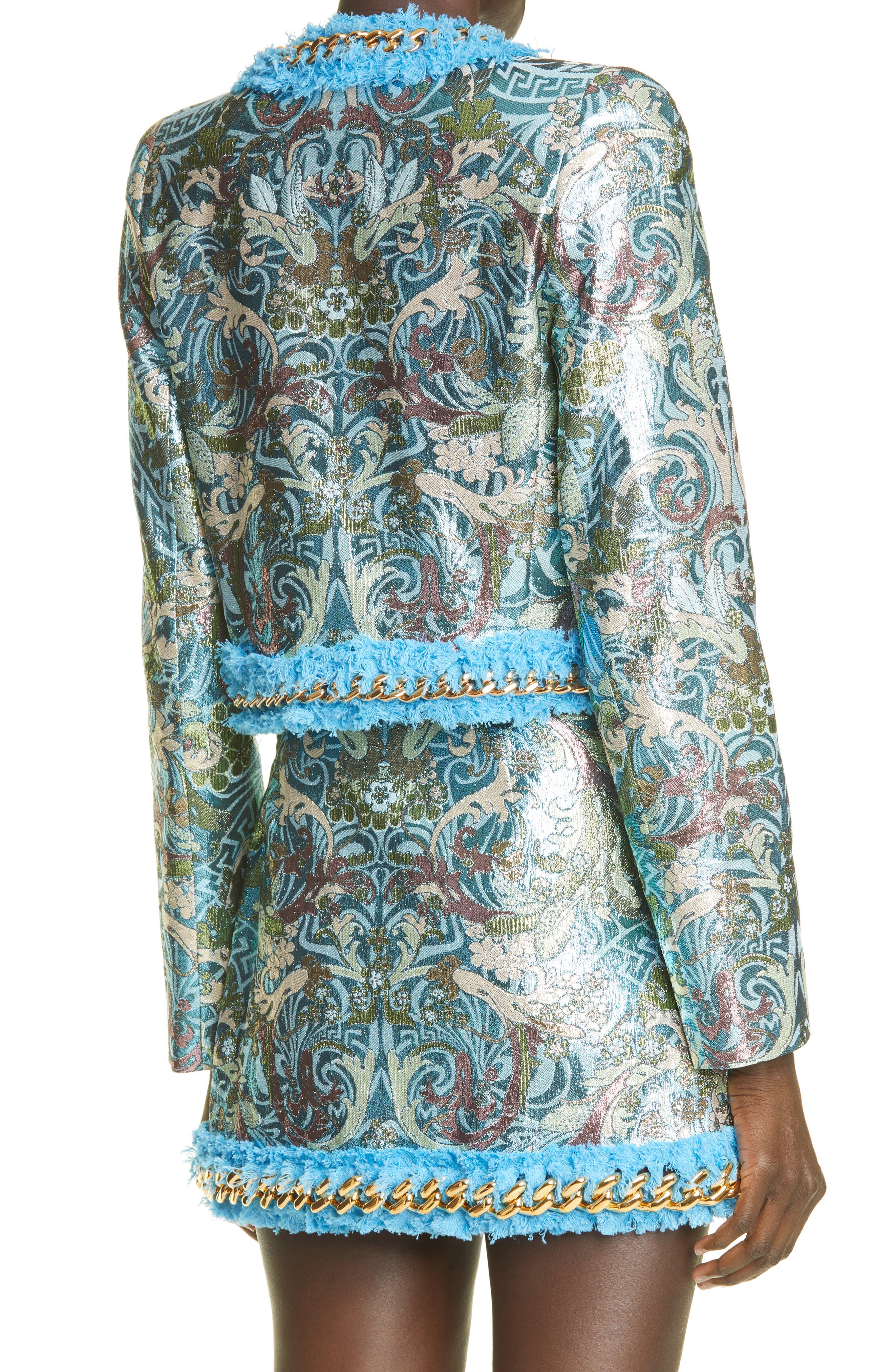 Versace Chain Trim Metallic Barocco Jacquard Jacket in Light Blue Multicolor