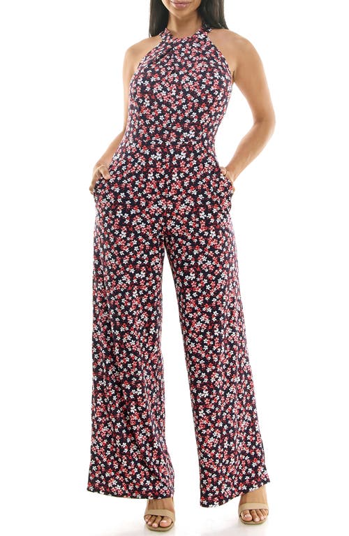 Shop Nina Leonard Twisted Halter Neck Jumpsuit In Navy/red Multi