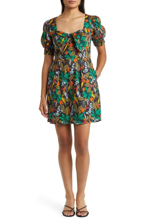 Floral Print Puff Sleeve Minidress in Midnight Forest