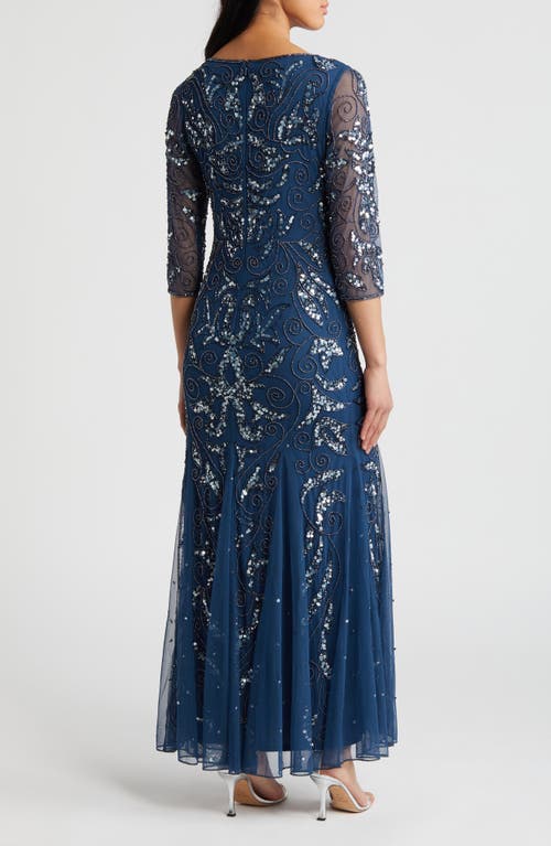 Shop Pisarro Nights Illusion Sleeve Beaded A-line Gown In Petrol Blue