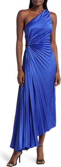 Slate Blue Satin Dress - Pleated Maxi Dress - One-Shoulder Dress