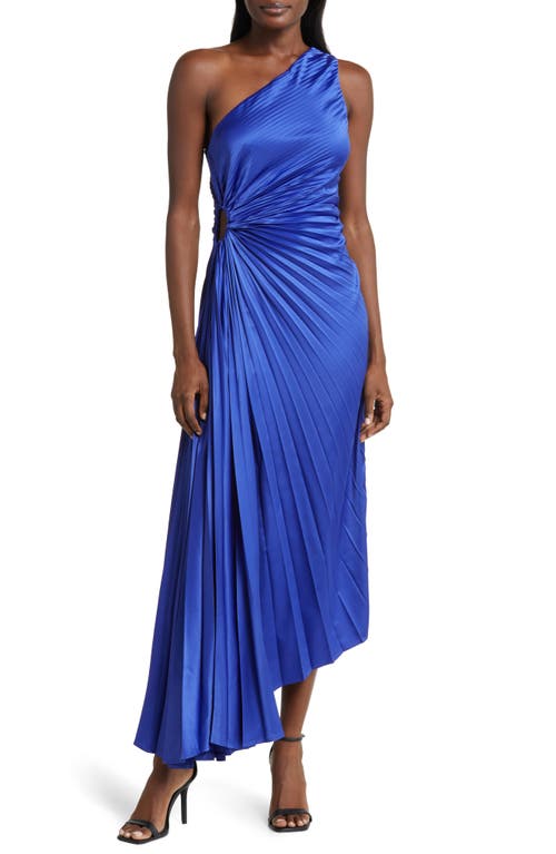 Print Asymmetric Hem Pleated Maxi Dress in Royal Blue