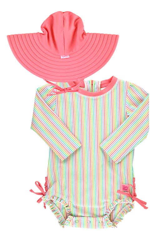 RuffleButts Rainbow Stripe Long Sleeve Seersucker One-Piece Swimsuit & Hat Set in Pink Multi