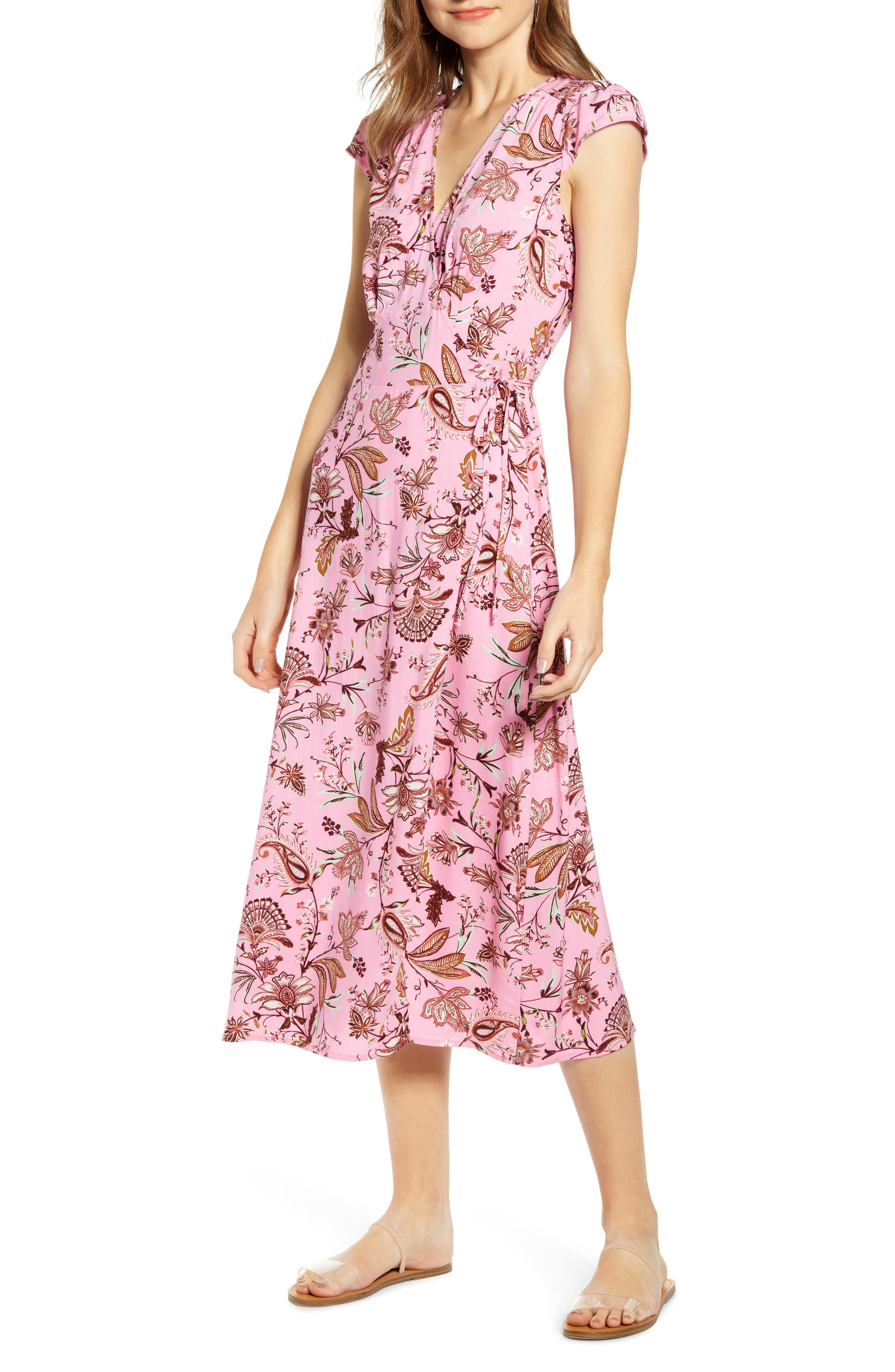 Love, Fire Floral Paisley Midi Wrap Dress, Pink