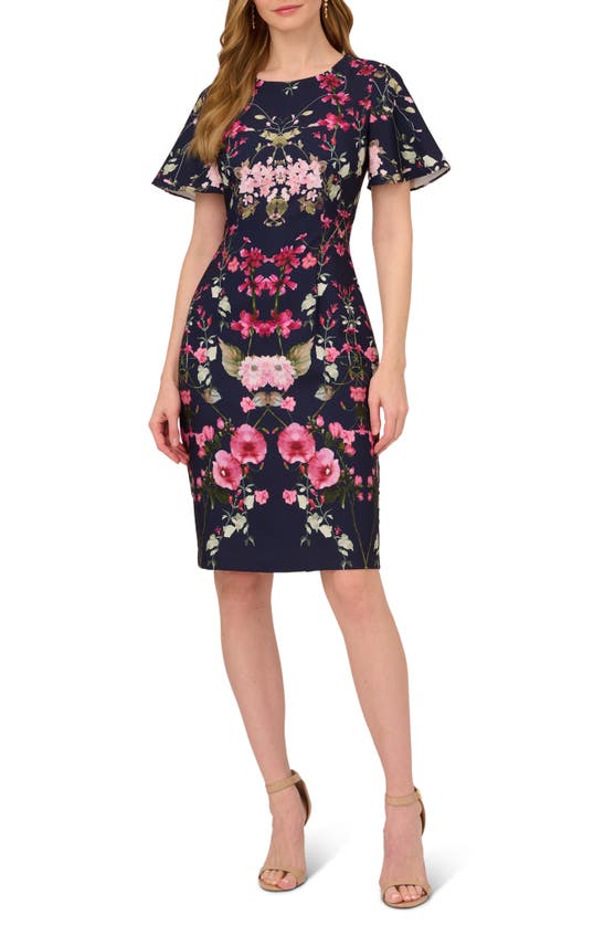 Adrianna Papell Women's Floral-print Elbow-sleeve Crepe Dress In Navy Multi